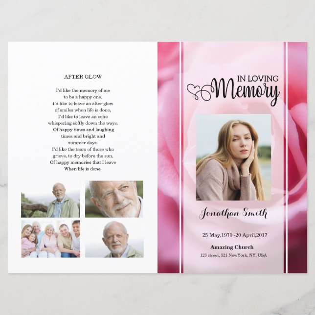 pink floral Funeral Program template (Front)
