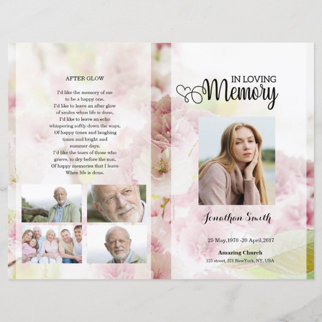 Pink floral Funeral Program template (Front)