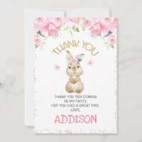 Pink Floral Furry Bunny Birthday Thank You Card
