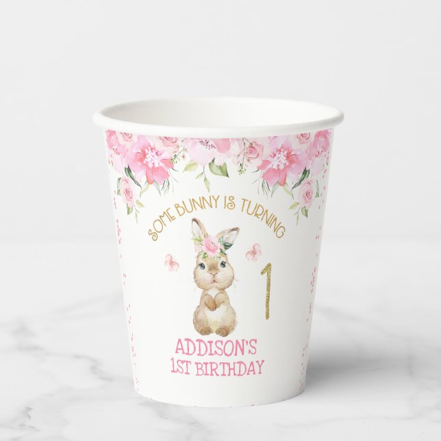 Pink Floral Furry Bunny First Birthday Paper Paper Cups (Front)