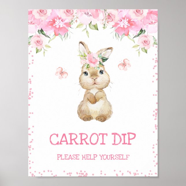 Pink Floral Furry Bunny First Birthday Party Sign (Front)