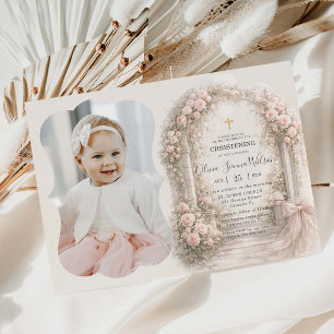 Pink Floral Garden Bow Baptism Christening Photo Invitation