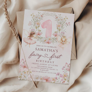 Pink Floral Garden Fairy First Birthday Invitation
