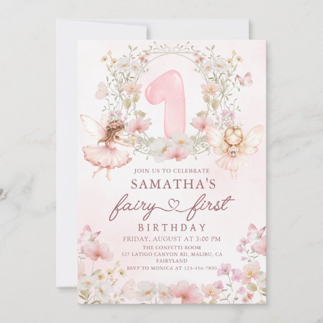 Pink Floral Garden Fairy First Birthday Invitation (Front)