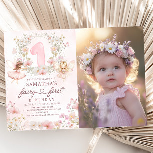 Pink Floral Garden Fairy First Birthday Photo Invitation