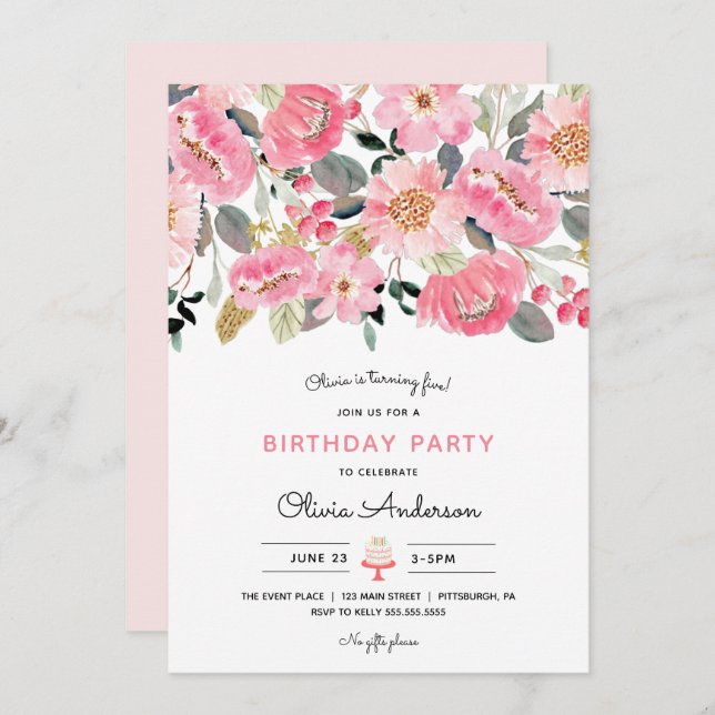 Pink Floral Garden Girl Birthday Invitation (Front/Back)
