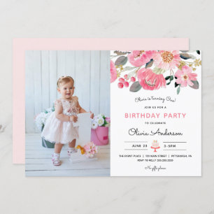 Pink Floral Garden Girl Photo Birthday Invitation