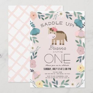 Pink Floral Garden Horse Girl 1st Birthday Invitation