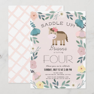 Pink Floral Garden Horse Girl Birthday Invitation
