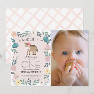 Pink Floral Garden Horse Girl Photo 1st Birthday Invitation