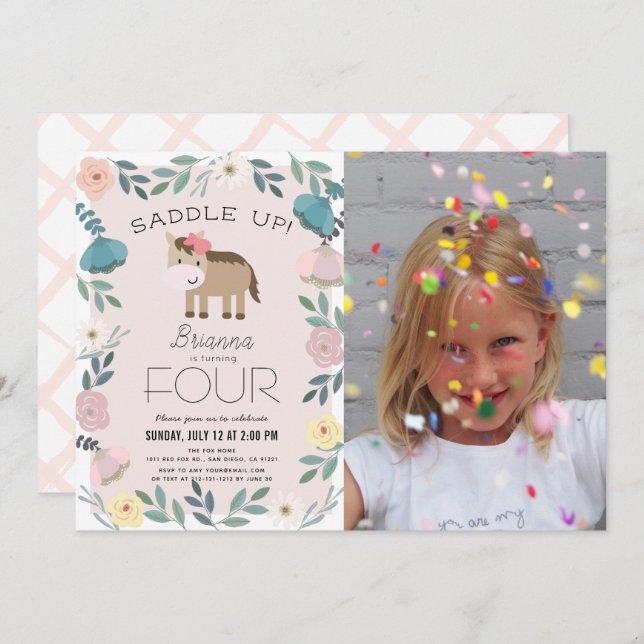Pink Floral Garden Horse Girl Photo Birthday Invitation (Front/Back)
