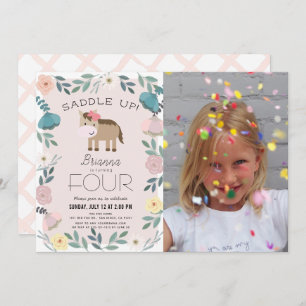Pink Floral Garden Horse Girl Photo Birthday Invitation