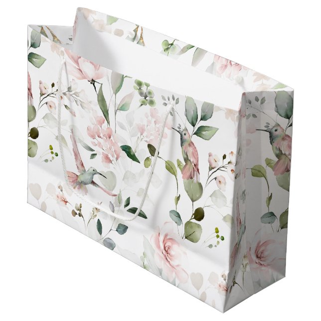 Pink Floral Garden Hummingbird Large Gift Bag (Front Angled)