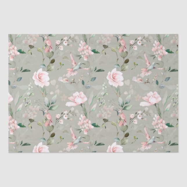 Pink Floral Garden Hummingbird  Tissue Paper (Front)