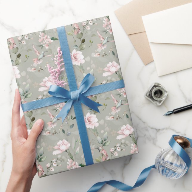 Pink Floral Garden Hummingbird Wrapping Paper (Gifting)