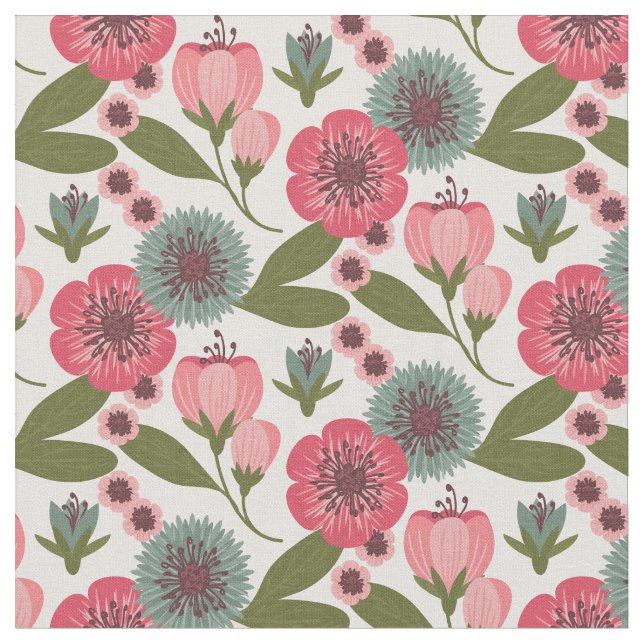 Pink Floral Garden Pattern Fabric (Close Up)
