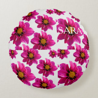 Pink Floral Garden Personalised Name All-Over Prin Round Cushion