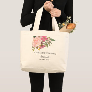 Pink Floral Garden Spring Bridesmaid Name Large Tote Bag