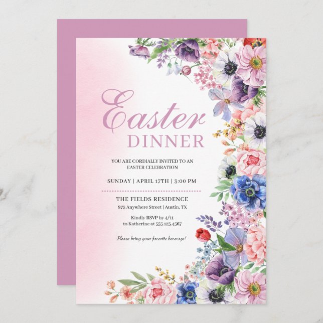 Pink Floral Garden Spring Easter Dinner Invitation (Front/Back)