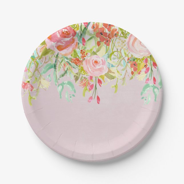 Pink Floral Garden Watercolor Paper Plate (Front)