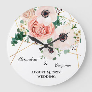 Pink Floral Garden Wedding Anniversary Personalise Large Clock