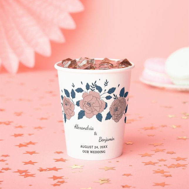 Pink Floral Garden Wedding Anniversary Personalise Paper Cups (Insitu)