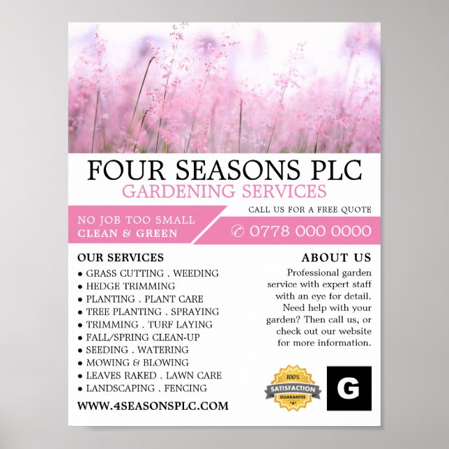 Pink Floral, Gardening Service, Horticulturist Poster (Front)