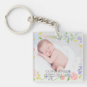 Pink Floral Garland Baby name Script birth stats Key Ring