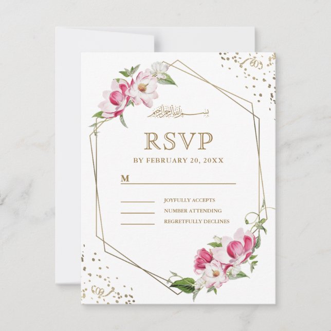 Pink Floral Geometric Gold Frame Islamic Wedding RSVP Card (Front)