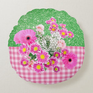 Pink Floral & Gingham Apple Green Faux Glitter Round Cushion