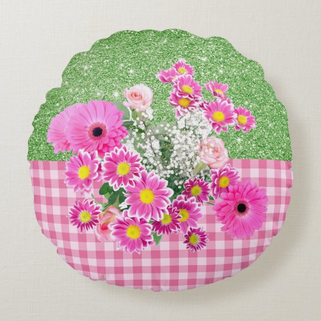 Pink Floral & Gingham Apple Green Faux Glitter Round Cushion (Front)