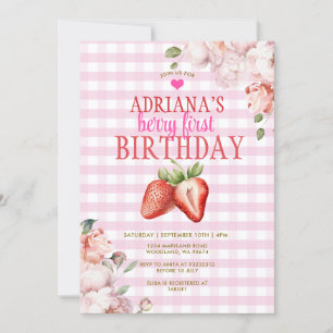 Pink Floral Gingham Berry First Birthday Invitation