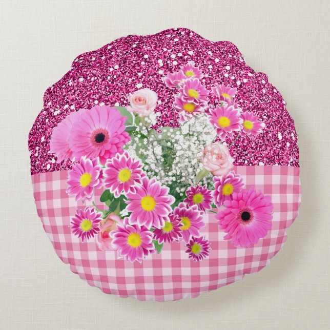 Pink Floral & Gingham Faux Glitter Round Cushion (Back)
