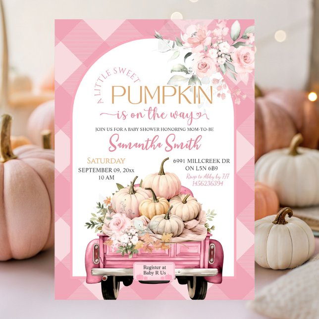 Pink Floral Gingham Pumpkin Truck Baby Shower Invitation (Creator Uploaded)