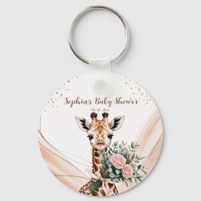 Pink Floral Giraffe Safari Baby Shower Favour Key Ring (Front)