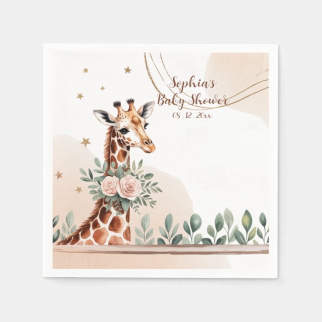 Pink Floral Giraffe Safari Baby Shower  Napkin (Front)