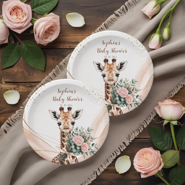 Pink Floral Giraffe Safari Baby Shower Paper Plate (Creator Uploaded)