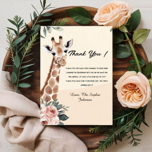 Pink Floral Giraffe Safari Baby Shower Thank You  Card