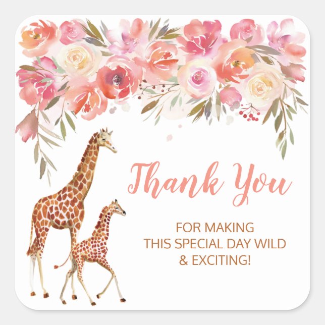 Pink Floral Giraffe Thank You Stickers (Front)