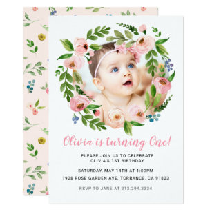 Pink Floral Girl 1st Birthday Invitations | Photo