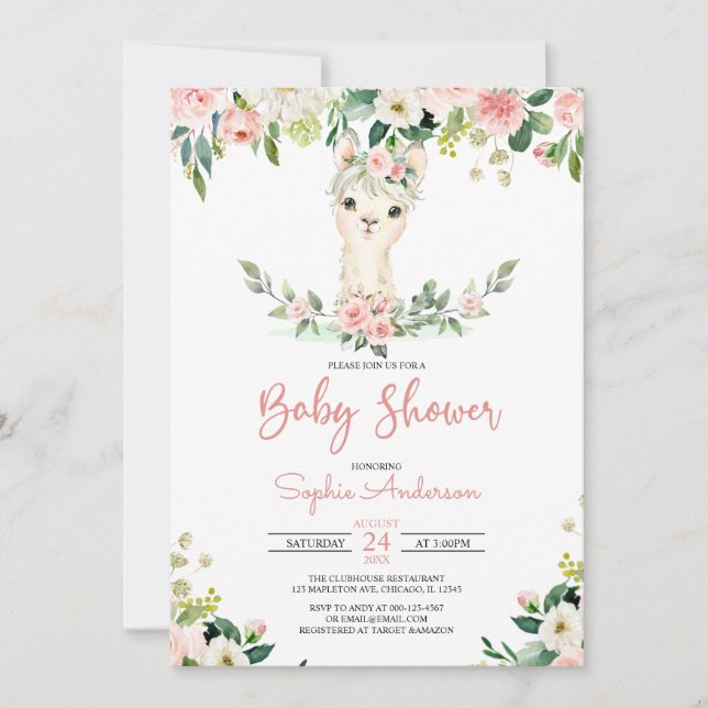 Pink Floral Girl Alpaca Llama Baby Shower Invitation (Front)
