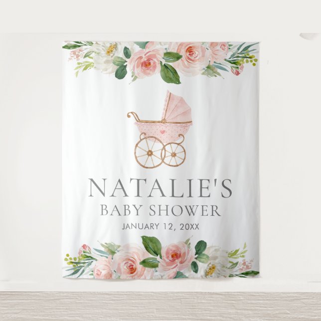 Pink Floral Girl Baby Shower Back Drop Tapestry (Front)