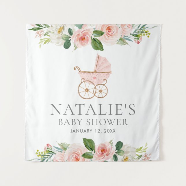 Pink Floral Girl Baby Shower Backdrop Tapestries (Front)
