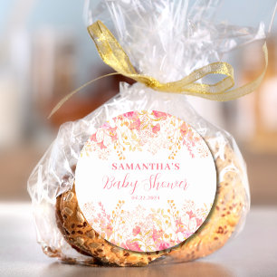 Pink Floral Girl Baby Shower Classic Round Sticker