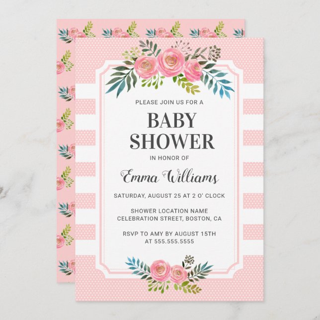 Pink Floral Girl Baby Shower Invitations (Front/Back)