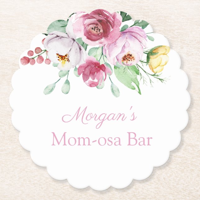 Pink Floral Girl Baby Shower Paper Bar Coaster (Front)