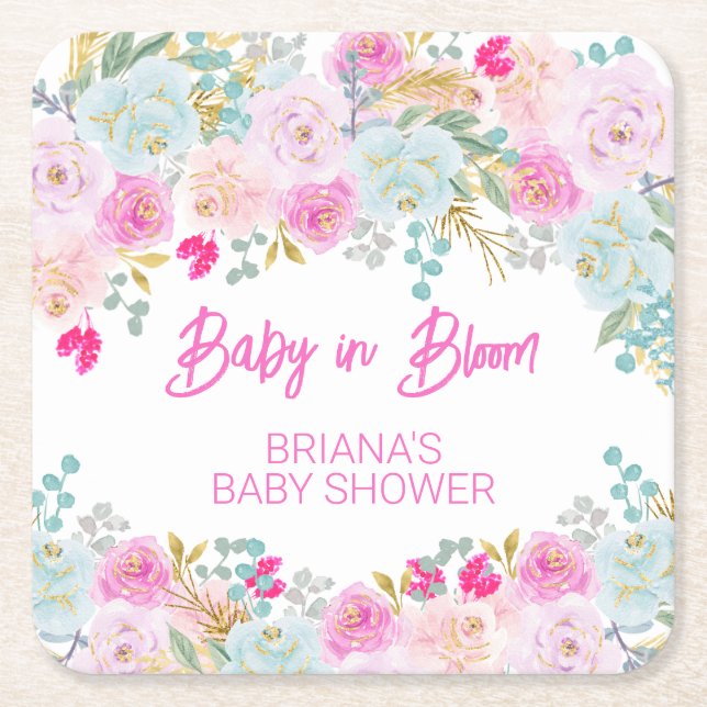 Pink Floral Girl Baby Shower Square Paper Coaster (Front)