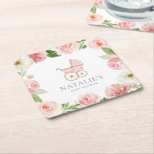 Pink Floral Girl Baby Shower Square Paper Coaster