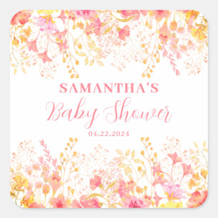 Pink Floral Girl Baby Shower Square Sticker