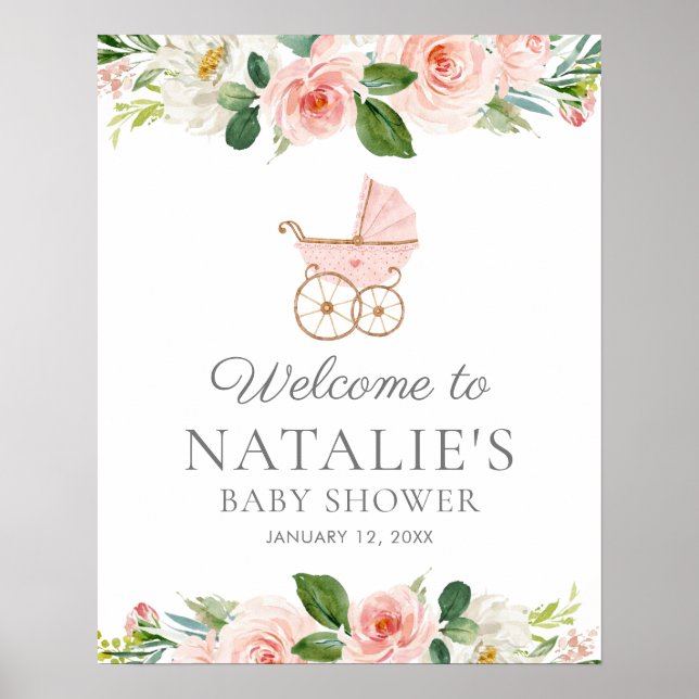 Pink Floral Girl Baby Shower Welcome Poster (Front)